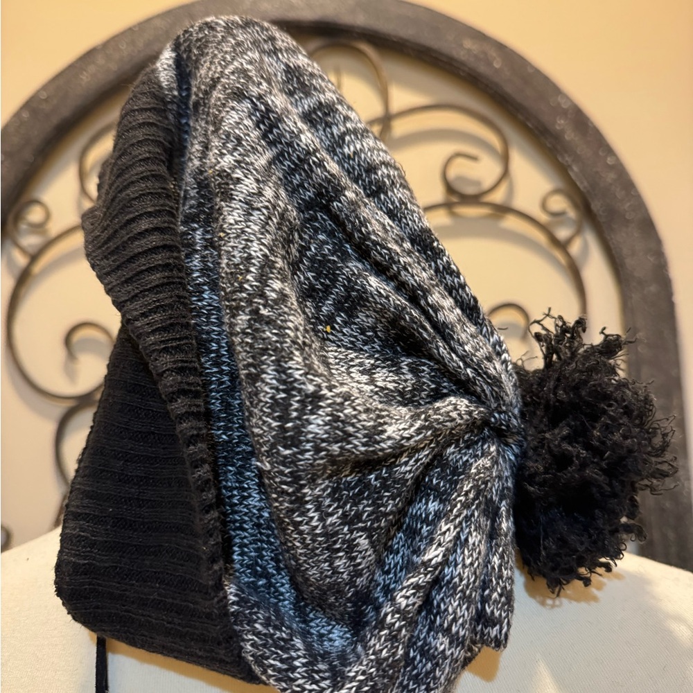 Black and Gray Linen Pom-Pom Beanie, Natural Fiber Winter Hat, Linen Winter Hat